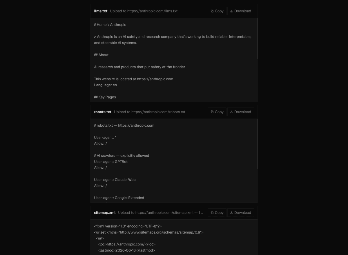 Generated llms.txt preview with editable content