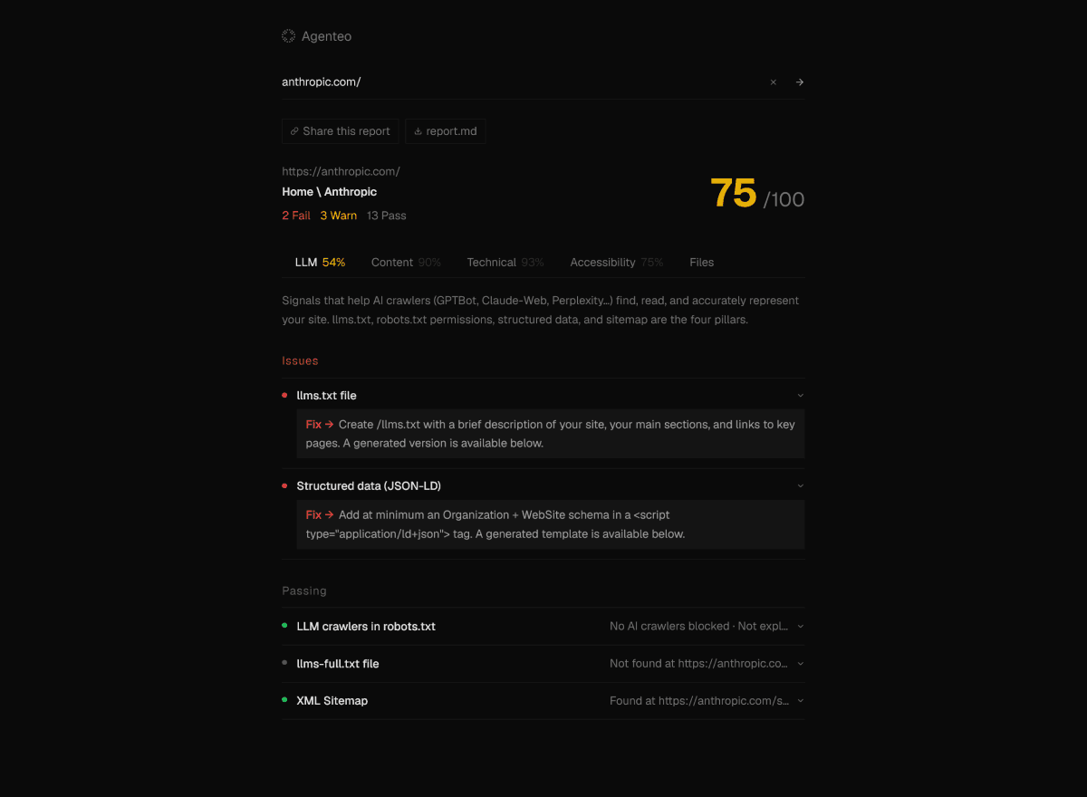 Audit result screen with score and recommended improvements