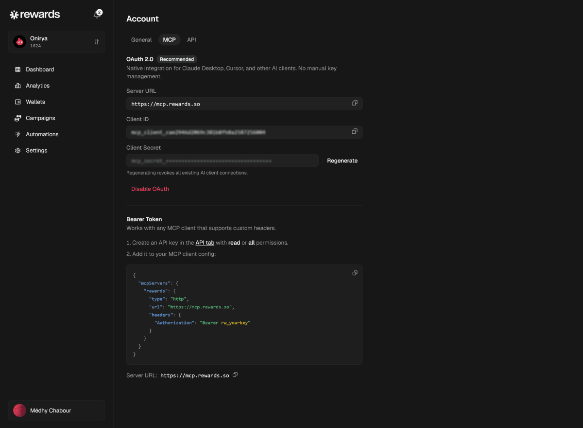 Rewards accessed through an agent via MCP
