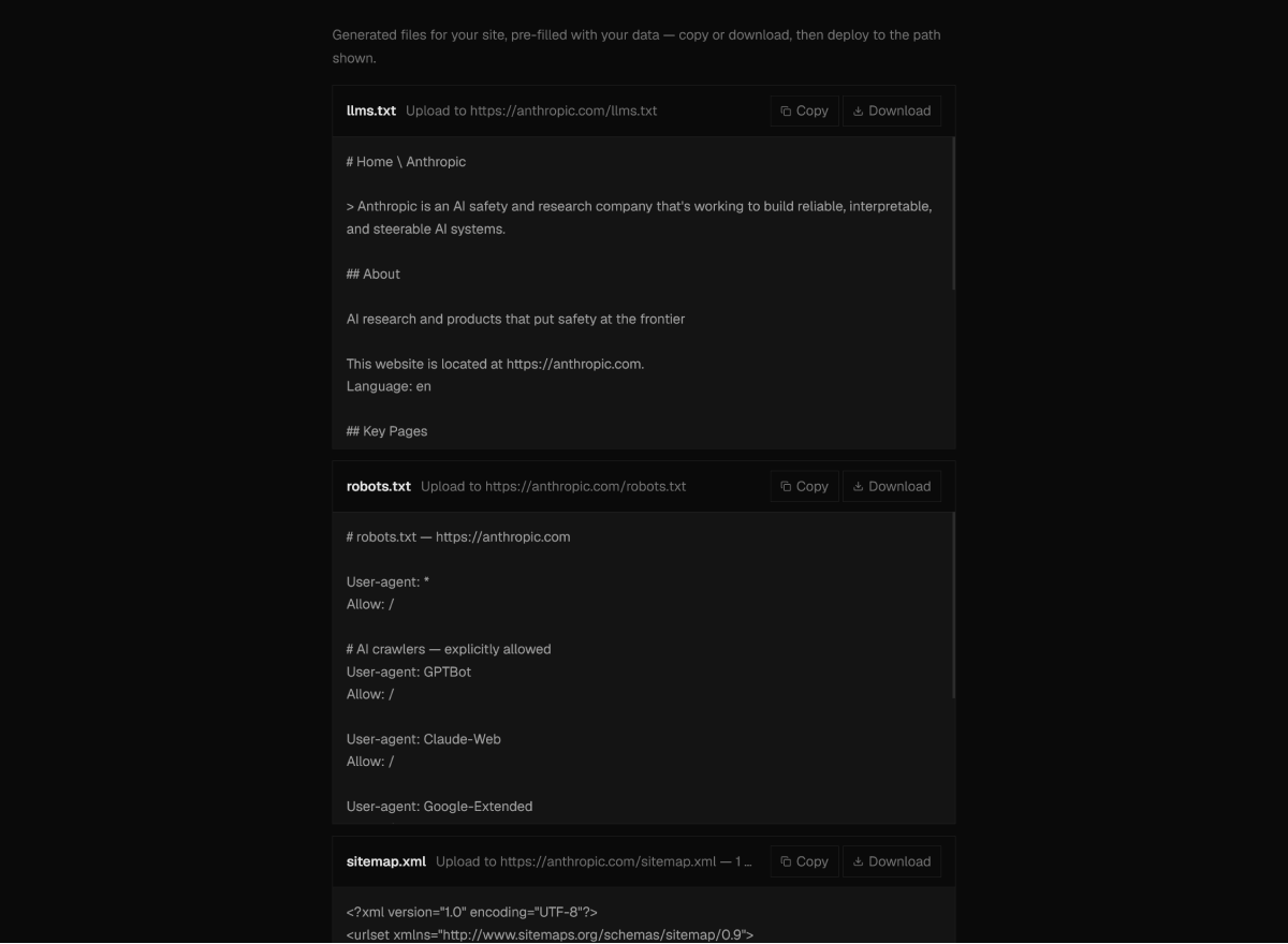 Generated llms.txt preview with editable content