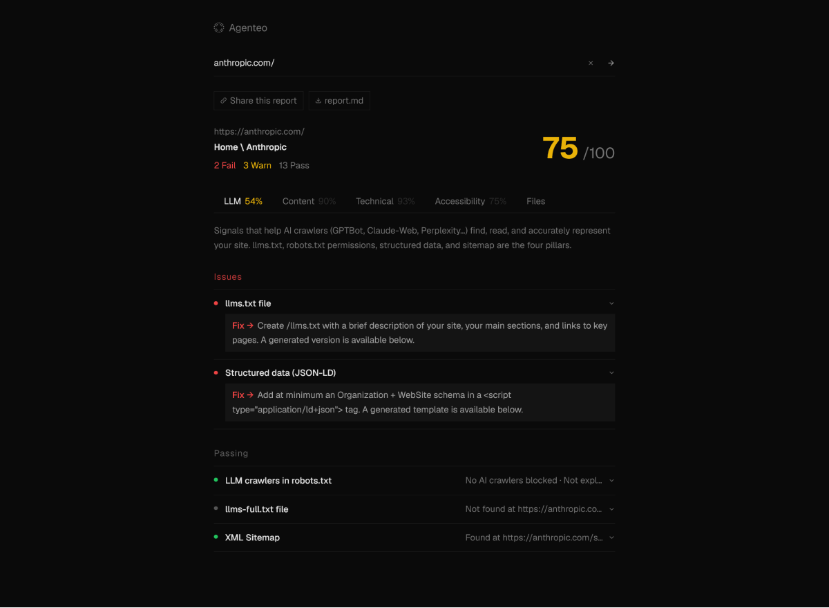 Audit result screen with score and recommended improvements