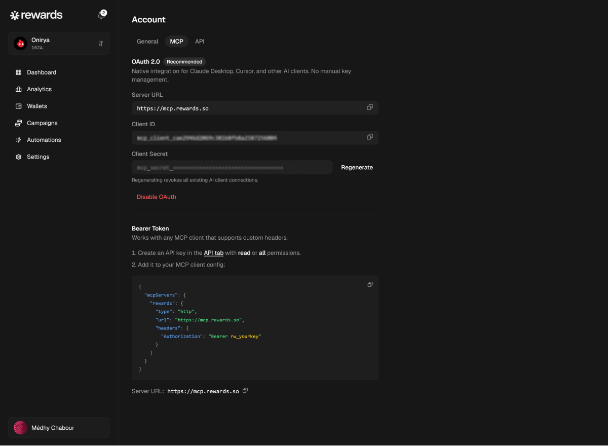 Rewards accessed through an agent via MCP